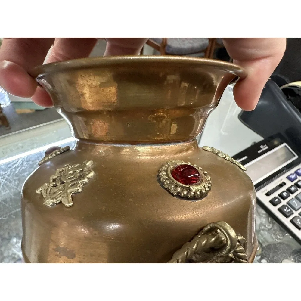 Antique Nepalese Copper Brass Flower Pot Vase Flowers Dragons Red Jewels Handles